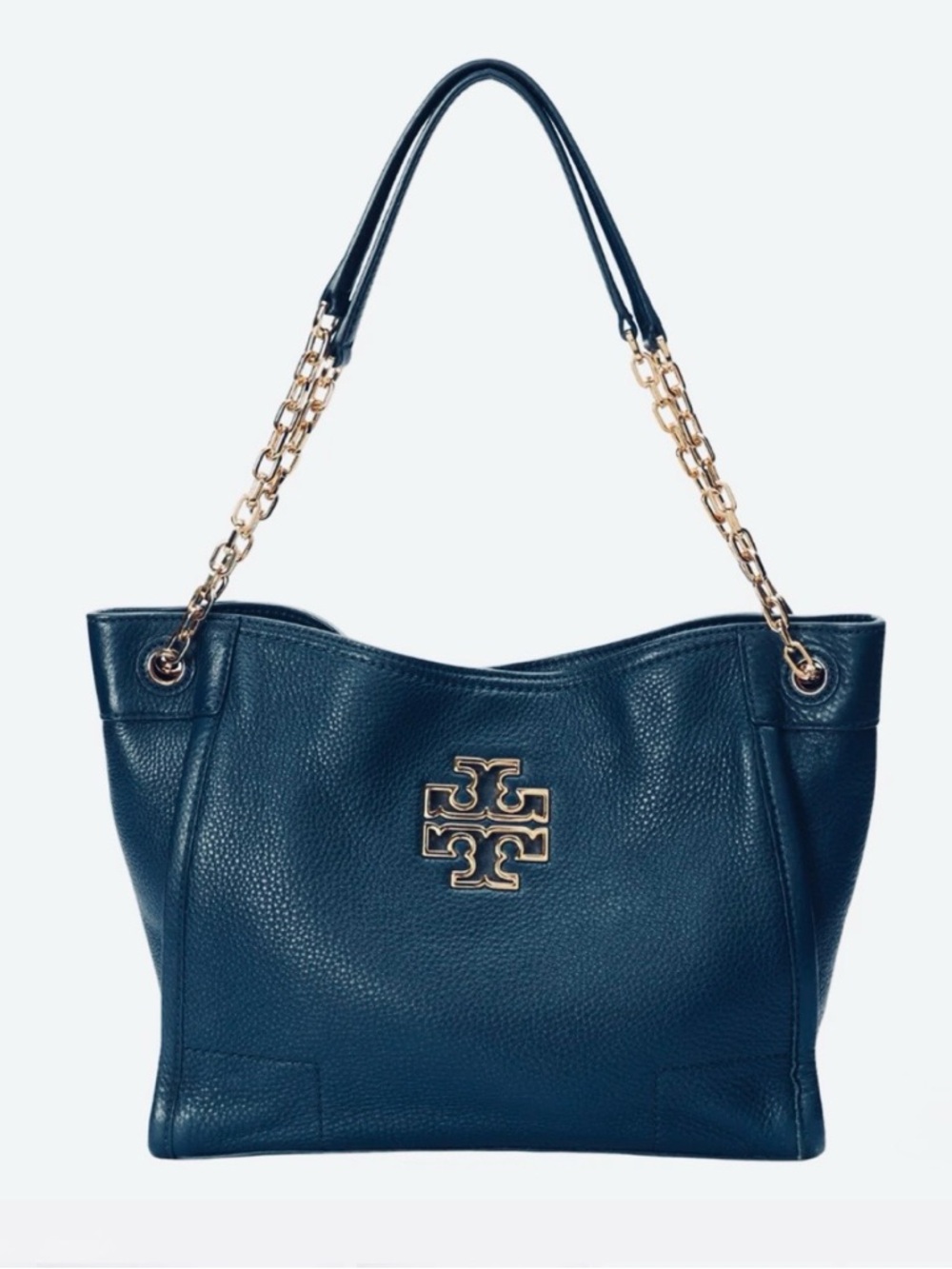 Tory Burch Britten Small Slouchy Tote in Blue/Teal with Gold Chain Strap